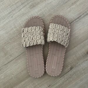 Beige Woven Slide Sandals